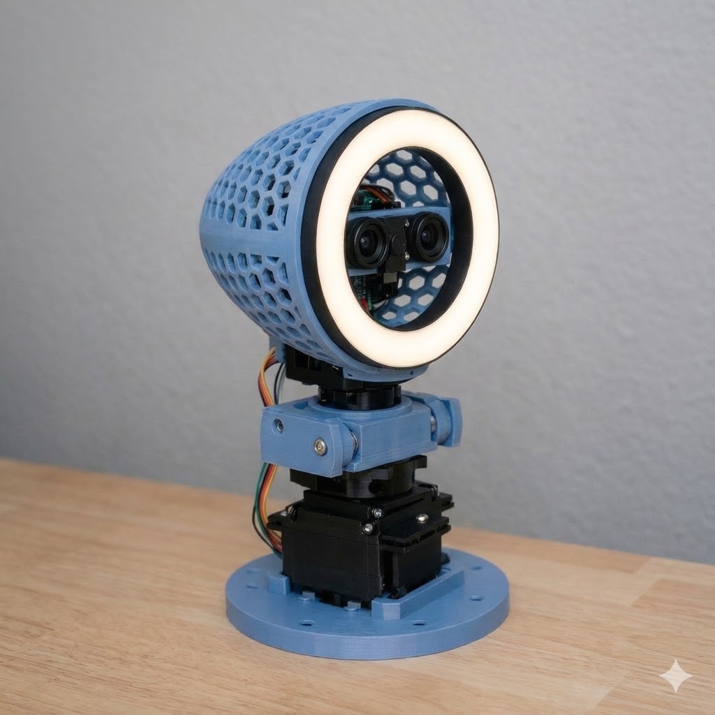 Blue 3D printed robot head with light ring